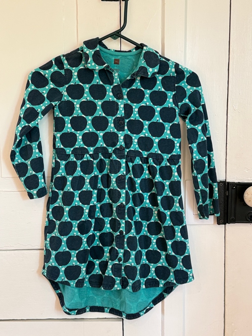 Tea Collection Teal and Navy Apple Print Long-Sleeve Dress
